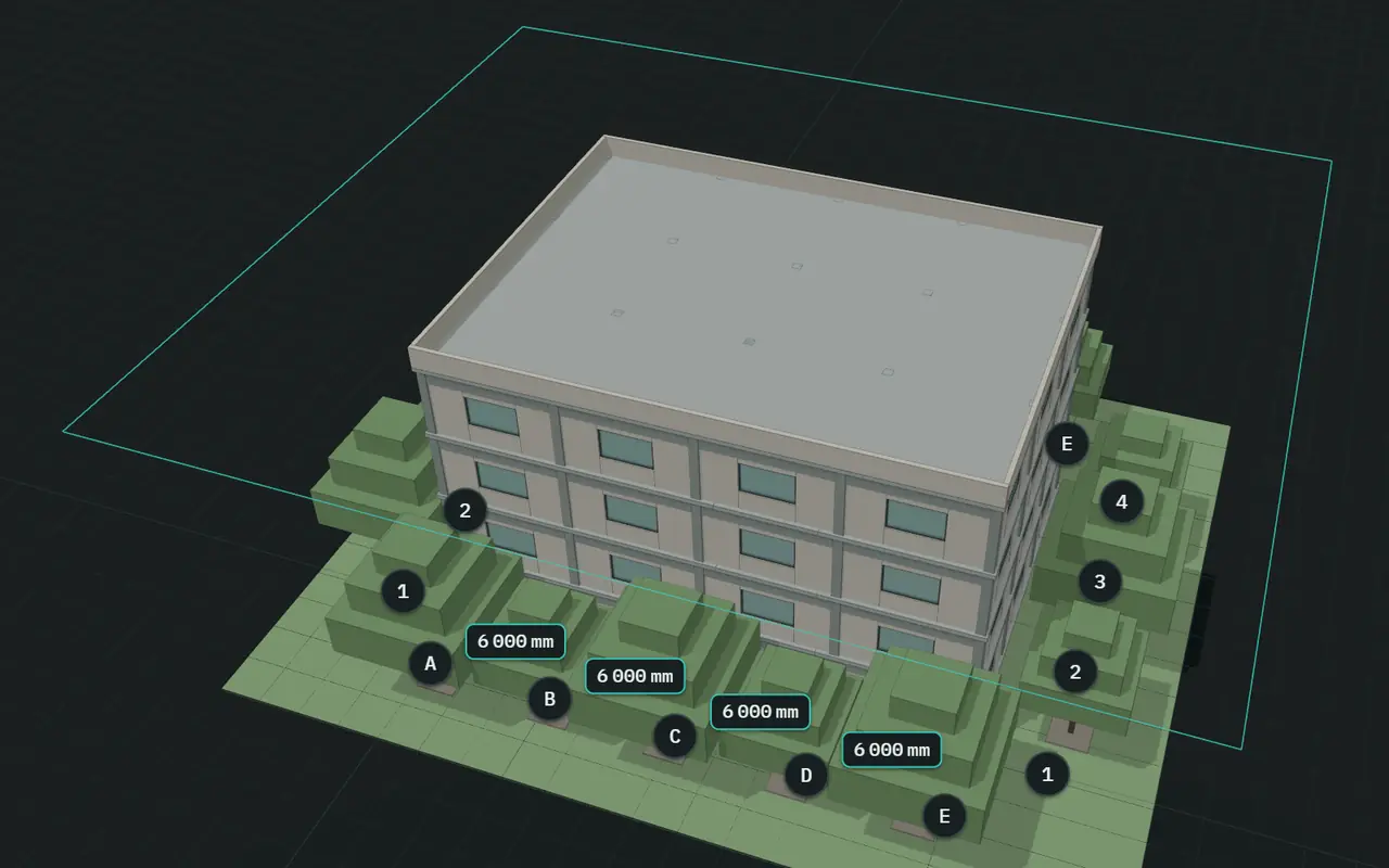 The demo building in SGVue’s 3D view: four storeys among trees, with grid bubbles A to E and 1 to 4 and a 6 000 mm dimension between neighbouring gridlines. A section plane, outlined in teal, stands just above the roof and cuts nothing yet.