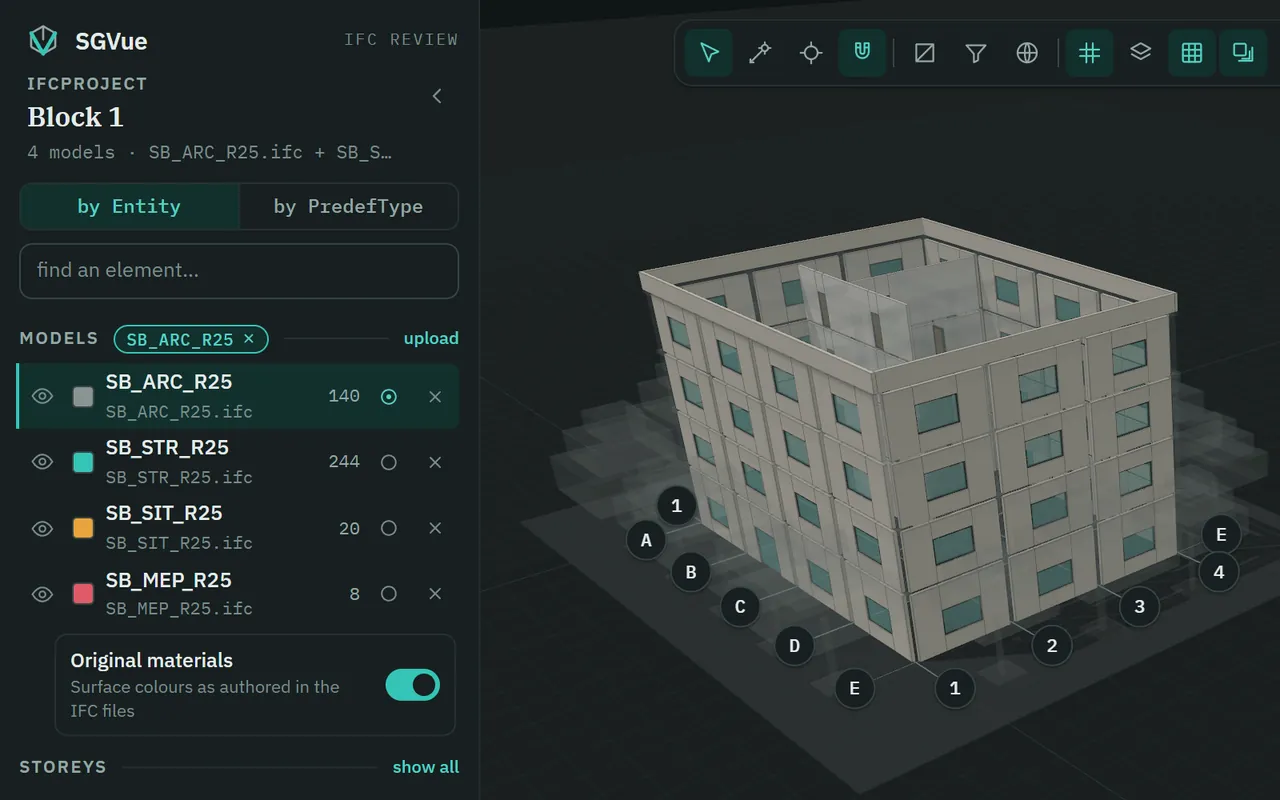 SGVue’s sidebar on the demo building: four models with their element counts — SB_ARC_R25 140, SB_STR_R25 244, SB_SIT_R25 20, SB_MEP_R25 8. The architecture model is activated, so the 3D view draws its walls and windows in full and the other three models ghosted.