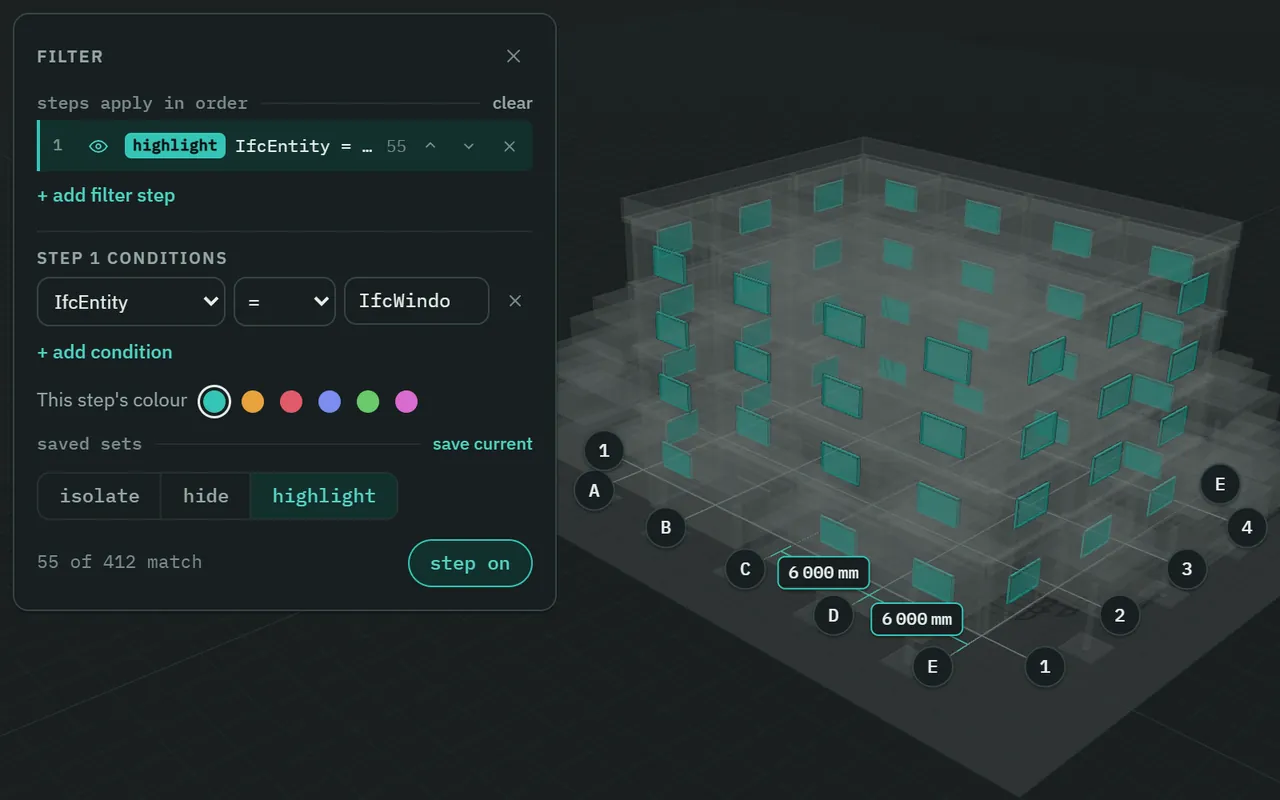 The Filter card with one step, highlight IfcEntity = IfcWindow, 55 of 412 match: all 55 windows of the demo building are drawn in teal and the rest is ghosted.