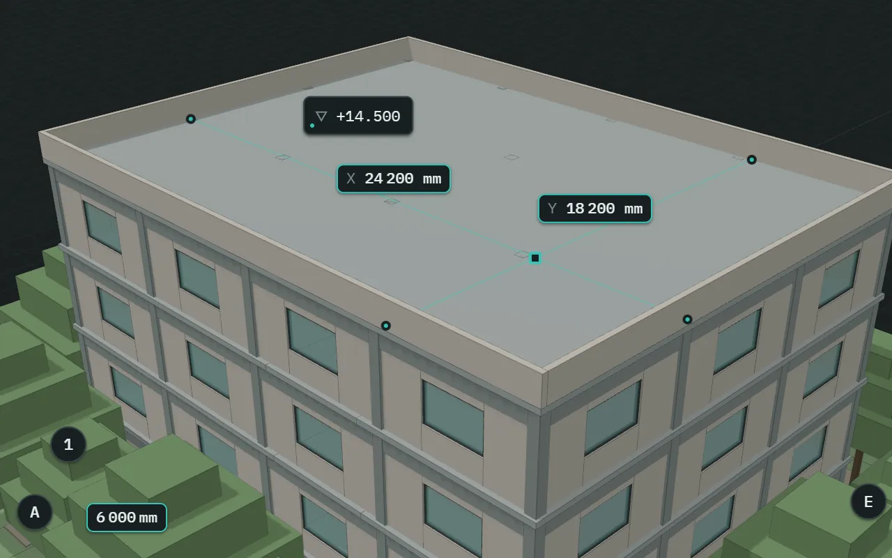 A spot level tag reading +14.500 on the roof of the demo building, and a laser measurement across the roof reading X 24 200 mm and Y 18 200 mm.