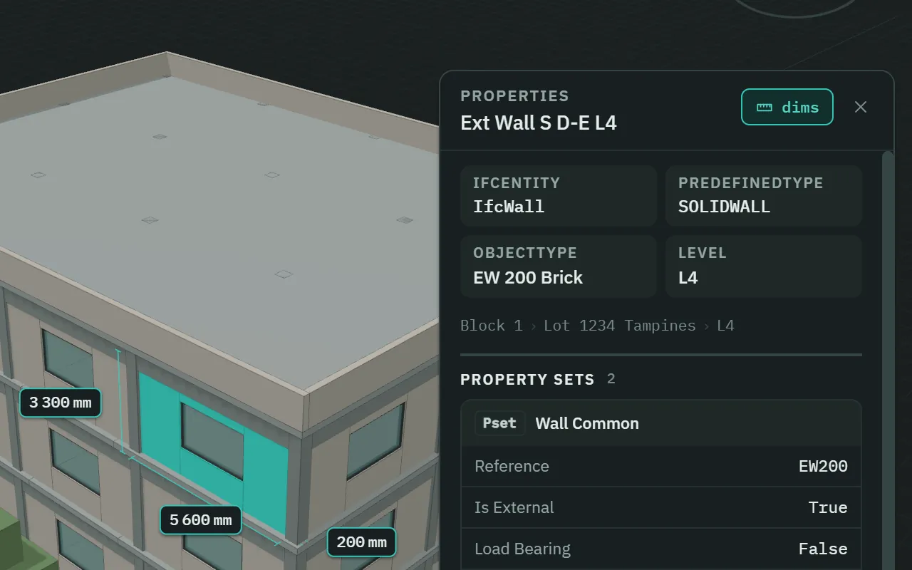 A selected wall, Ext Wall S D-E L4, with its dimensions drawn on it — 5 600, 3 300 and 200 mm — beside its property card: IfcWall, SOLIDWALL, EW 200 Brick, level L4, and the Wall Common property set.
