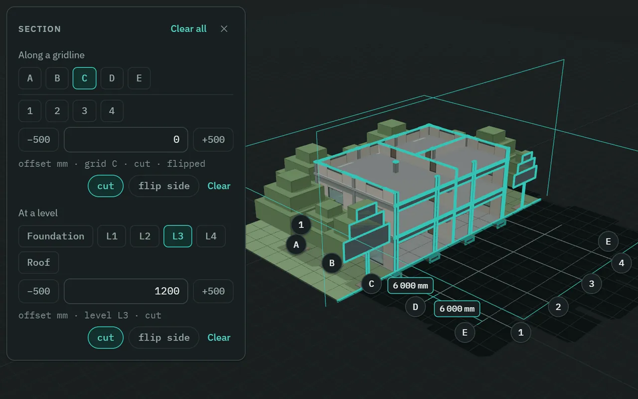 The Section card with two cuts on at once, along gridline C and at level L3. Half of the demo building is cut away, and the walls, slabs and columns the two planes pass through are outlined in a thick teal line.